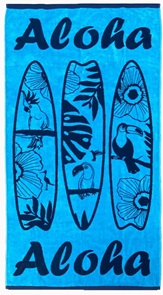 Badetuch Zalia Surf mit drei Surfbrettern auf blauem Grund Grösse 90x170cm