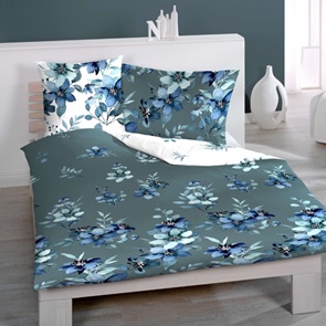 Satin Wendebettwäsche Jasper mit Blumendessin in Blau-Weiss