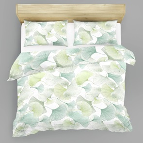 Musselin Markenbettwäsche LaBelle Gingko Allover mit zartem Dessin voller beige-grünen Gingko-Blätter