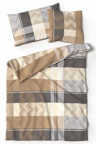 Satin Bettwäsche Lotus Christo braun mit Streifen und Quadraten