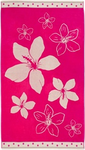Badetuch Strandtuch Wasaga in Lila mit einem Dessin voller Hibiskusblüten