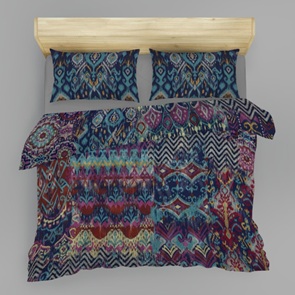 Satin Marken-Bettwäsche Cobalt mit buntem Muster voller Ornamente in blau und violett