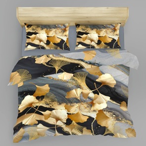 Satin Bettwäsche LaBelle Karli mit goldfarbenen Ginkgoblätter auf grauschwarzem Fond