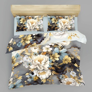 Satin Bettwäsche LaBelle Yukon mit goldfarbenen Blumenblüten auf grauschwarzem Fond