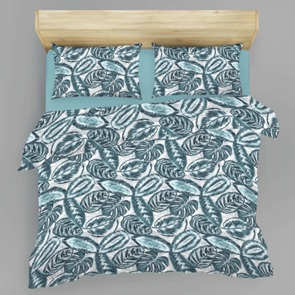 Seersucker-Renforcé Marken-Bettwäsche LaBelle Philo Allover mit Blätterdessin in blau, türkis und beige