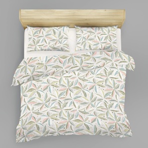 Seersucker-Satin Bettwäsche Aralia Allover mit zartem Blätterdessin in beige, grün, türkis und rosa