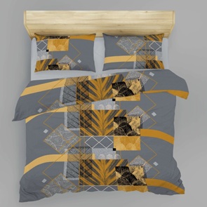 Seersucker-Satin Bettwäsche Orleaf Allover mit geometrischem Dessin in grau und orange