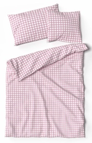 Lotus Kinderbettwäsche Kölsch rosa aus 100% Baumwoll-Renforcé mit kleinem Karomuster in mattem Weiss-Rosa