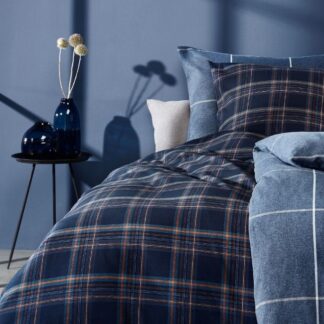 Flanell Bettwäsche Fleuresse Indigo mit klassischem Karo und feinen Streifen in dunklen Farben
