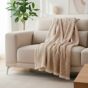 Plaid Be-Cosy Noemi aus 65% Baumwolle/35% Leinen in double-face beige-écru Grössen 150x230cm und 220x240cm