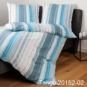 Soft-Seersucker Bettwäsche Garnitur Janine tango mit lichtblauen und türkisfarbenen Streifen