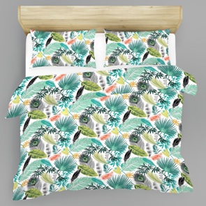 Satin Marken-Bettwäsche LaBelle Panthy Allover mit Blätterdessin und Pfauenfedern in grün-weiss