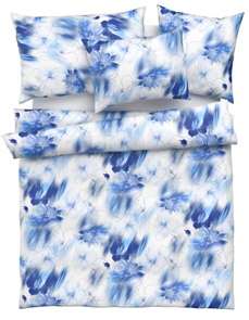Feinsatin Bettwäsche Tamara-R Selection Tia blau mit Blumenblüten in Aquarell