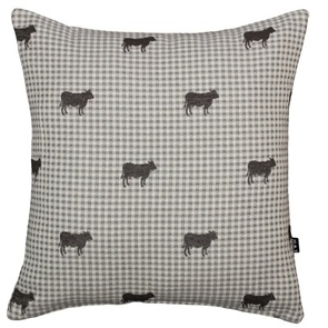 Sofakissen Swiss-Holiday mit Kuh Bella auf grau-beigem Karo