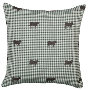 Sofakissen Swiss-Holiday mit Kuh Bella auf grün-beigem Karo