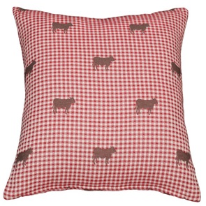 Sofakissen Swiss-Holiday mit Kuh Bella auf rot-beigem Karo