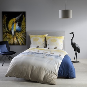 Satin Bettwäsche Fleuresse BedArt-S Butter-Yellow mit fantastischem Dessin mit Reiher im Wasser