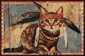Türvorleger Salonlöwe Lakota mit Katze die Federkopfschmuck trägt