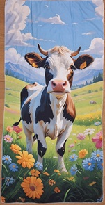 Mikrofaser Badetuch mit Kuh auf Blumenwiese Grösse 78x160cm