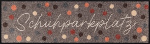 Schuhabstellmatte Salonlöwe Schuhparkplatz Dots beige mit Schriftzug Grösse 30x100cm