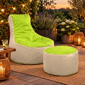 Outdoor geeigneter Sessel mit dazu passendem Hocker