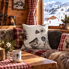 Sofakissen Swiss Alpin mit Postkarten-Sujet im Retro-Look